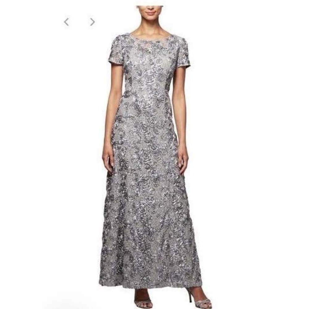 ALEX EVENINGS Silver Floral Elegant Formal MOB Gown Black Tie Gala Dress Size 16